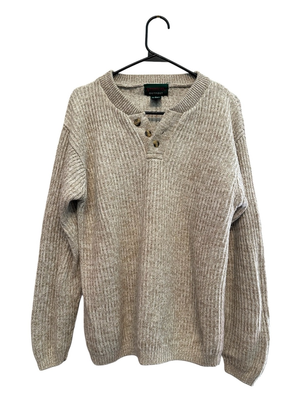90’s Vintage American Outpost Tan Heathered Crewneck Henley Sweater Small